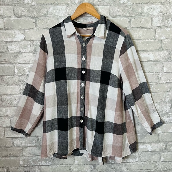 Soft Surroundings Women's Large Carreaux Plaid Linen Blend Back Zip Blouse Beige - Picture 2 of 12